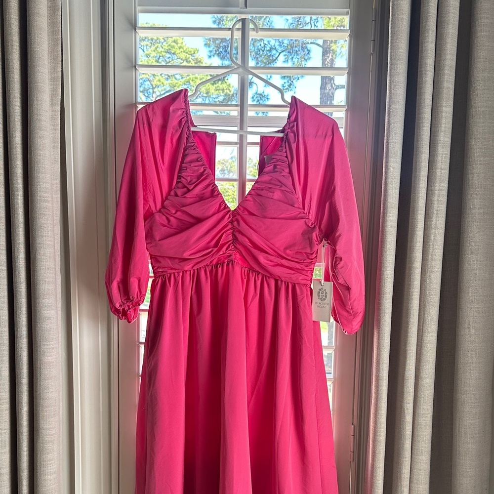 Bright Pink Ruched V-Neck Women's Dress